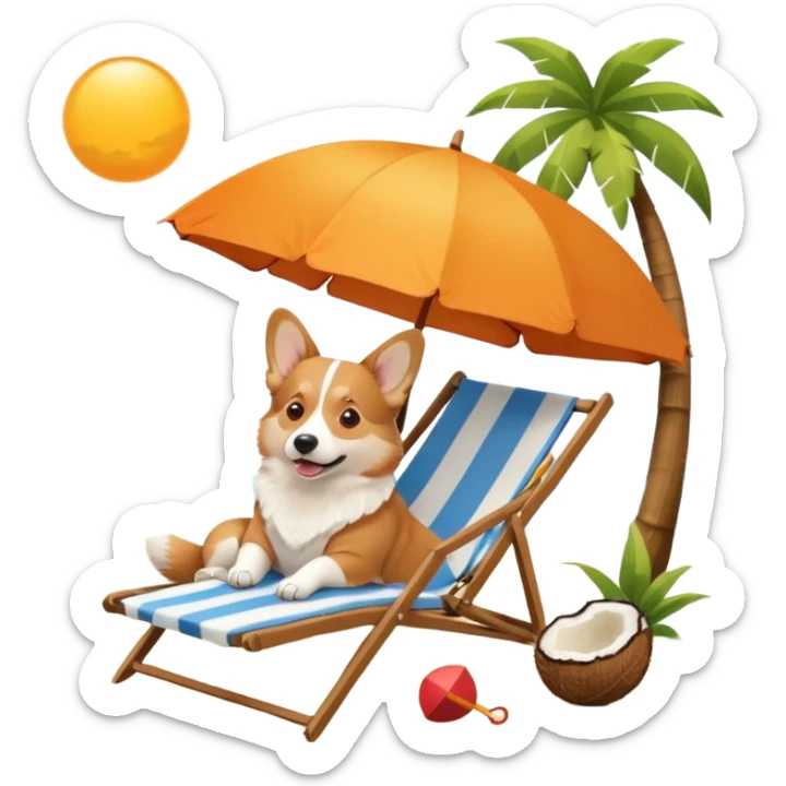 a corgi dog laied on a beach chair, a sunny beach, a sun umbrella, and beach coconut trees. the icon should capture the essence of a relaxing beach vacation with a carefree atmosphere sticker