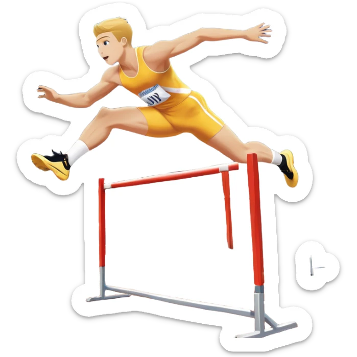 An icon of an athlete soaring over a hurdle, mid-jump, with a powerful form. The background features a vibrant stadium, with the track and hurdles in sharp focus, and a cheering crowd along the stands. The motion of the jump emphasizes speed and agility. Transparent background. sticker