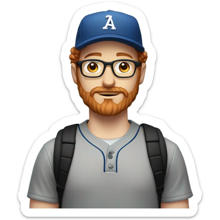 35 years old, male, short curly red hair, glasses, black baseball hat, blue eyes, pale complexion, thick beard and thin mustache sticker