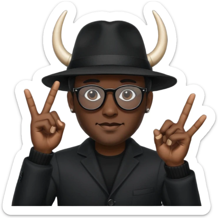 man dressed in black with dark glasses black Lens and a black hat hwo making the horns gesture on each  hands sticker