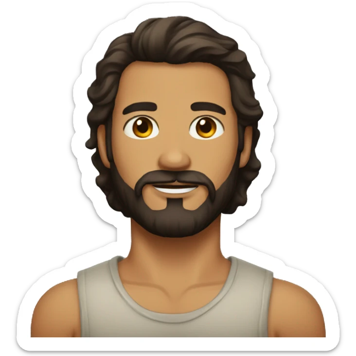 man with beard, long dark brown hair, tan skin, trident tattoo on the neck sticker