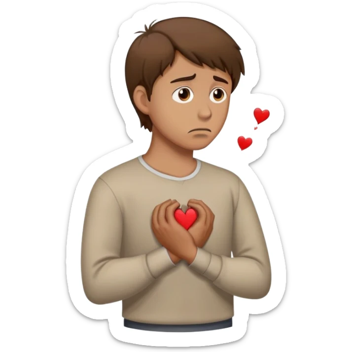 a man with brown hair staying in a
full height in profile with anxiety and begging face with a broken heart sticker