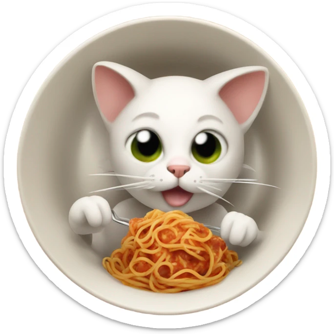 A cat eating a bowl of spaghetti in the middle of outer space with meatballs as ears whilst riding a dinosaur  sticker