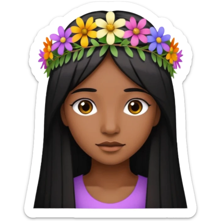 ["Deep brown skin female, long straight black hair, wearing a multicolored wildflower crown."] sticker
