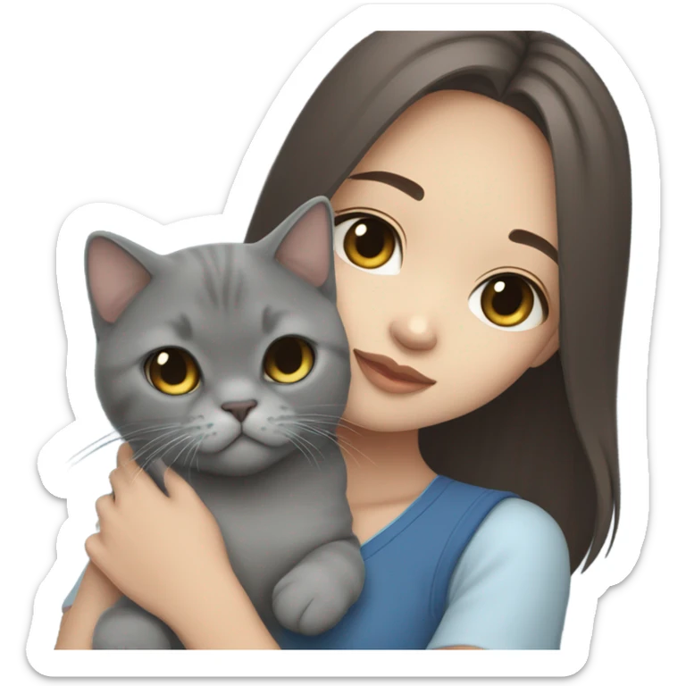 A cute aesthetic asian girl with brown hair with bicolour blue british shorthair cat sticker