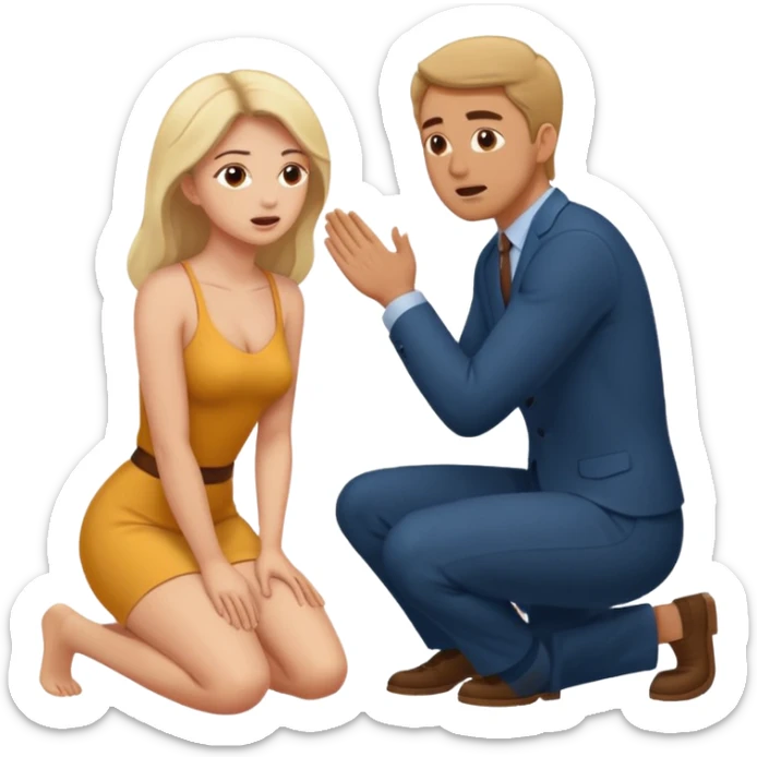 A woman kneel down in front of a man and the man moan sticker