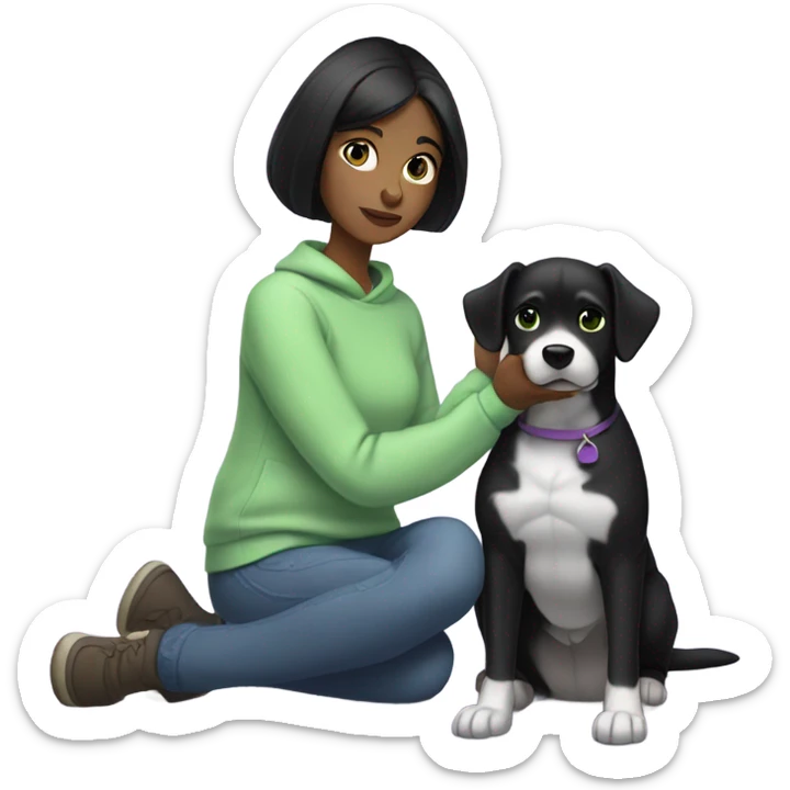 A lady with a black hair and green eyes and a lilac sweatshirt petting a black dog sticker