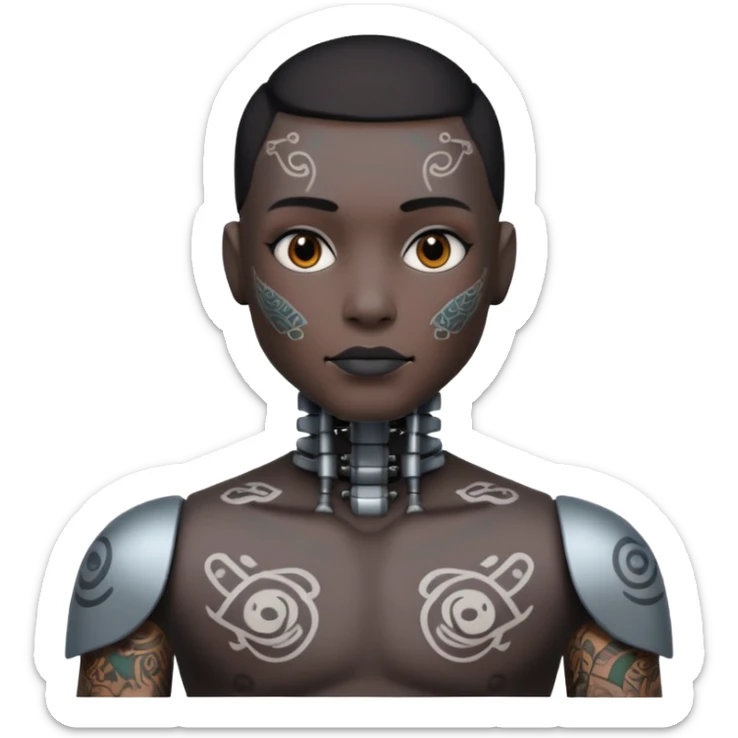 black Tatooed robot, big many tatooes on chest, neck and face, white tatoo on face sticker