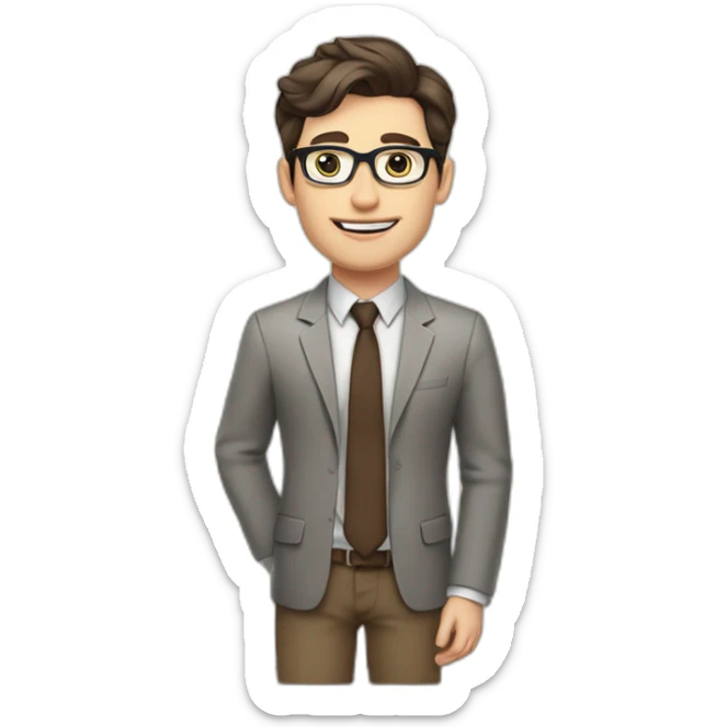 Pale skinned fit man with dark brown hair in gray jacket, beige office shirt, brown tie, brown pants and vintage glasses Writing on the flipchart sticker