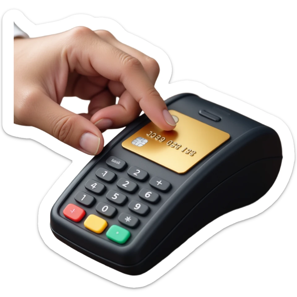 a shiny credit card tapping on a payment terminal, skeuomorphism style, detailed, photorealistic textures, subtle shadows sticker