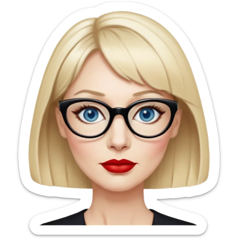 Woman in her early 50s with pale skin, wider face, blue eyes with eyeliner, thin eyebrows, red lipstick, blonde hair up with bangs, wearing a black glasses  sticker