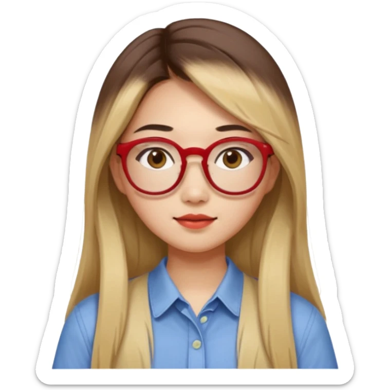20 yr old asian woman, straight thick long brown hair, blond at ends of hair, middle part, big red glasses, brown eyes, casual shirt sticker