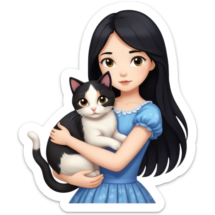 A beautiful girl with long black hair wearing a dress hugs a calico sticker