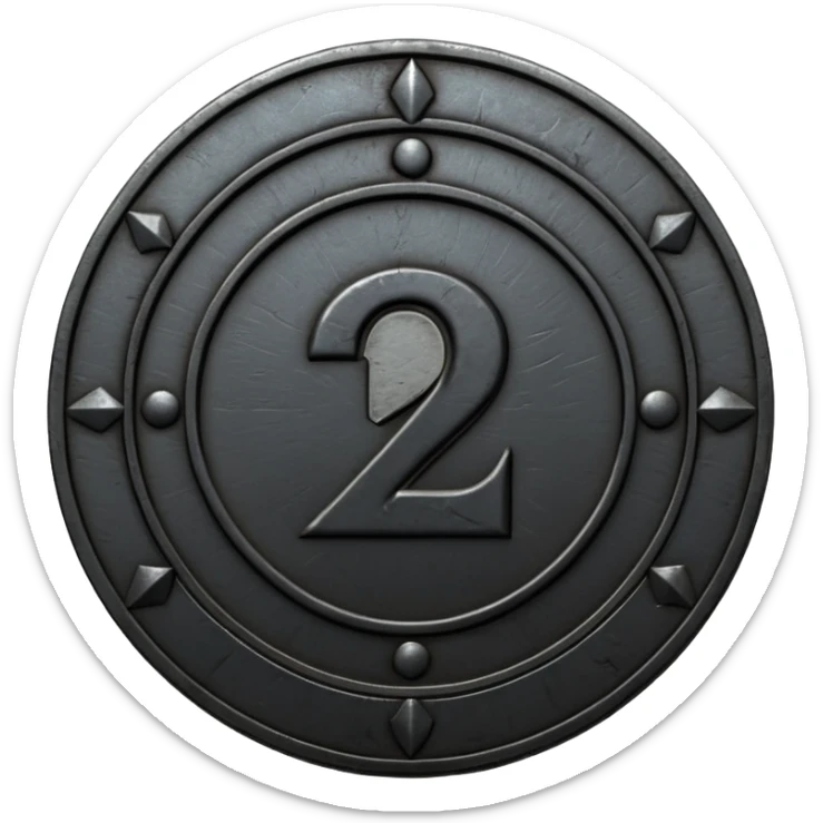 Minimal emoji, gothic metal coin made of black steel, engraved number 2 at the center, ancient industrial aesthetic, worn metal texture, no glow, no neon, flat emoji design, centered, transparent background sticker