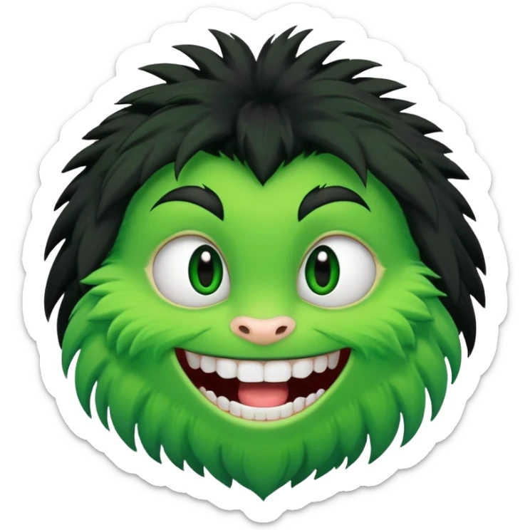 A bald person with bright white skin with a green sclera and green teeth, grinning widely. Has fluffy black neck fur, with a fluffy black body sticker