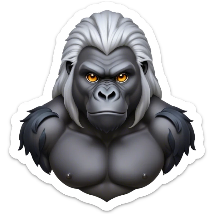 Cinematic Noble mountain Gorilla Portrait Emoji, Poised and majestic, with a powerful, muscular frame accentuated by a distinguished silver mane and piercing, wise eyes, Simplified yet sharp and sophisticated features, highly detailed, glowing with a soft, regal jungle glow, high shine, intelligent and commanding, stylized with an air of imperial strength, focused and resolute, soft glowing outline, capturing the essence of a watchful guardian that feels as though it could step out of the screen with effortless authority! sticker