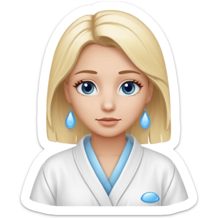 Blonde women, with brown eyes, wearing a white spa robe with blue gel eye pads under her eyes. sticker