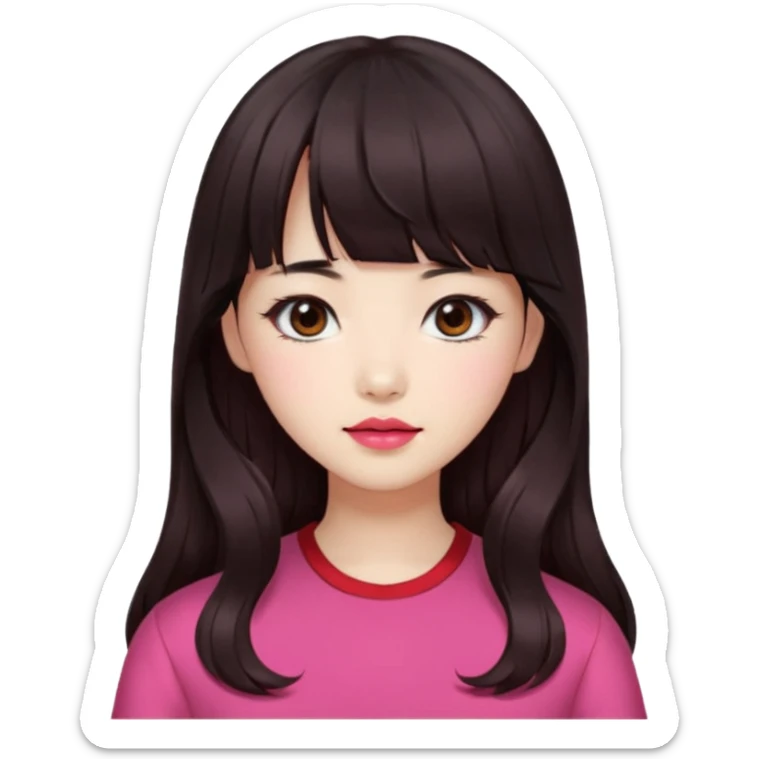 Korean girl, red top, black brown hair, brown eyes, long wavy hair, aesthetic, long hair, hime cut, blunt bangs, pink girl sticker