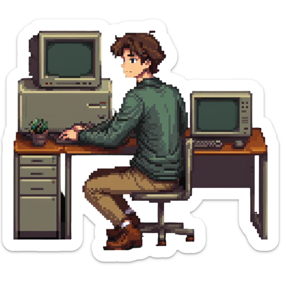 Young man sitting at desk with vintage desktop computer with large CRT monitor sticker