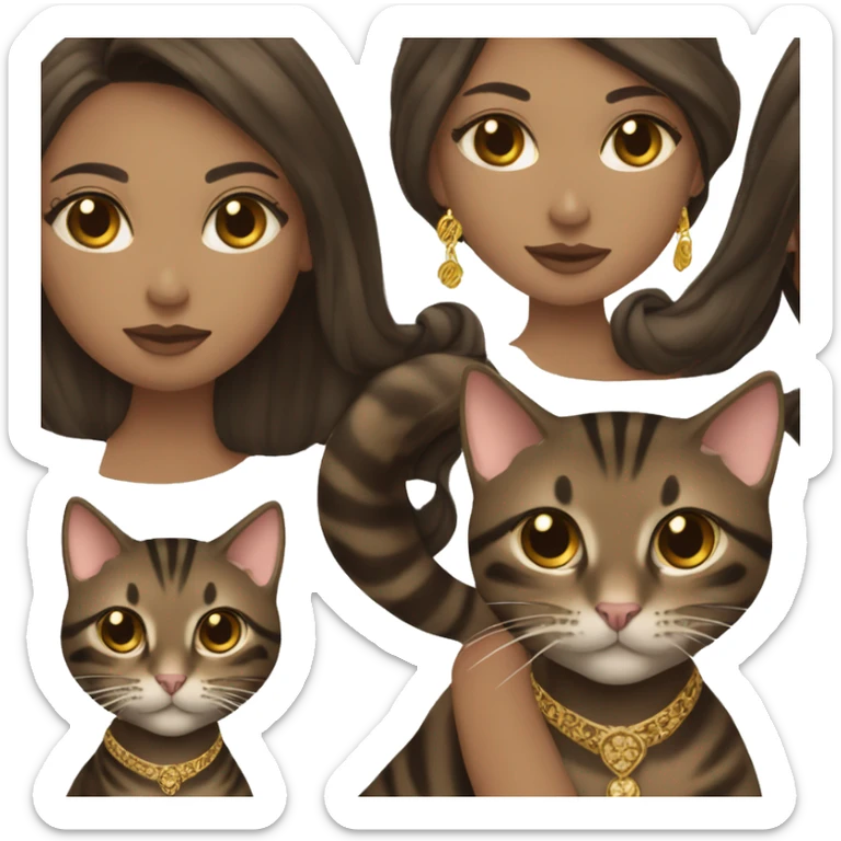 Beautiful skinny woman long dark brown hair in dark dress with gold earrings hug bengal cat sticker