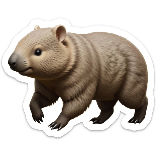 cinematic-stout wombat-realistic-full-body-waddling-emoji,-stout-muscular-frame-covered-in-coarse-brown-fur,-short-powerful-legs-trotting-determinedly-through-bushland,-round-dark-eyes-filled-with-calm-confidence,-tiny-rounded-ears-twitching-slightly,-strong-digging-claws-visible-on-sturdy-paws,-simplified-yet-realistic-focused-features,-highly-detailed,-glowing-with-a-subtle-earthy-glow sticker