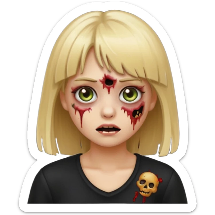 create a emoji zumbi girl with blonde hair and bangs, black clothes anf hazel eyes sticker