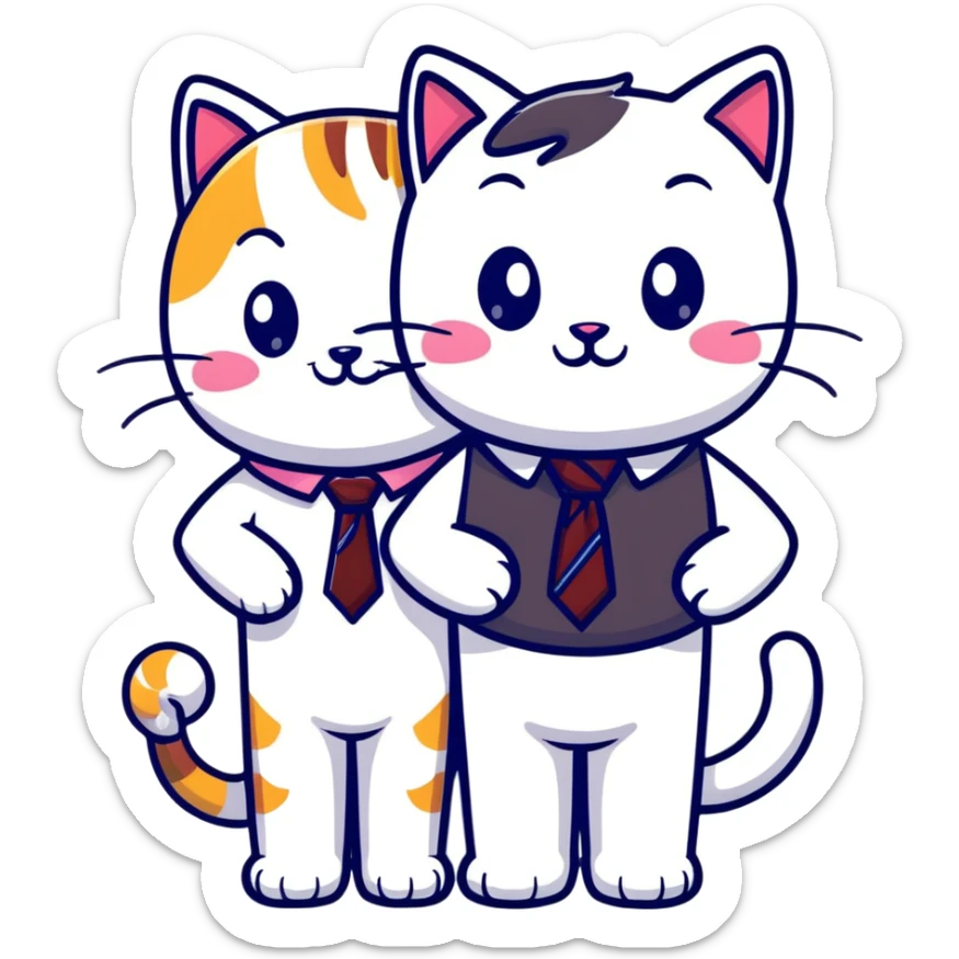 happy girl cat with eyelashes wearing a cute necktie, and happy boy cat wearing a professional necktie, standing together sticker