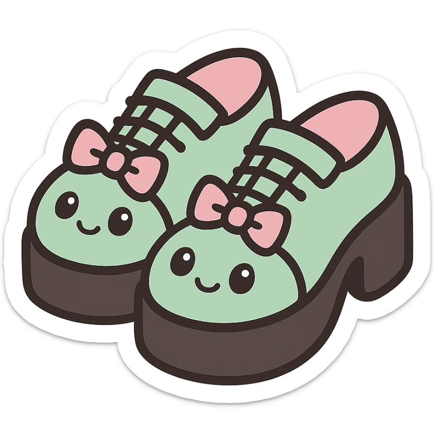 Make the shoes pastel green with black and pink accents, kawaii style, no socks, no hearts, transparent background sticker