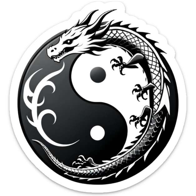 An icon symbolizing Eastern martial arts in the style of an emblem, featuring a black-and-white Yin-Yang symbol and a dragon at the center, surrounded by elements like a dojo. Transparent background highlights balance and power. sticker