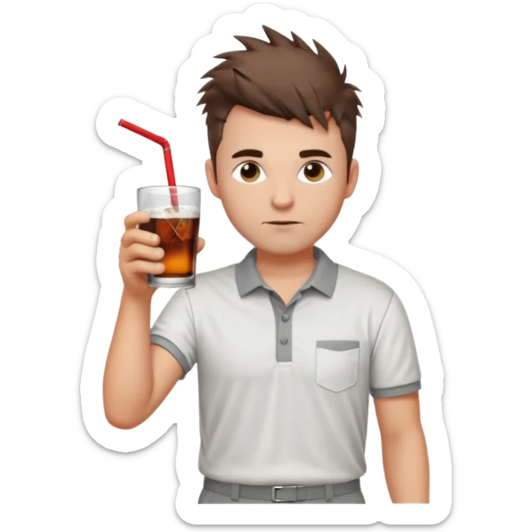 Handsome male.short messy brown hair.mowhawk hairstyle. wearing white golf shirt.grey shorts. Drinking brandy and coke . Drunk. Remove straw sticker