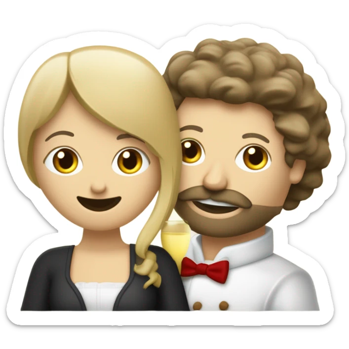 Repas raclette et deux verres de vin blanc en couple, femme blonde cheveux aux-dessus des épaules homme petite barbe et moustache grisonnantes et cheveux bruns grisonnant  sticker