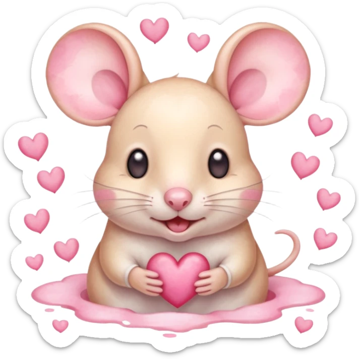 This is a cute watercolor illustration of a small, cream cartoon mouse with large, round, pink-lined ears. The mouse has heart eyes, a small open mouth, and is surrounded by floating pink hearts, conveying a feeling of love, adoration, or strong affection. sticker