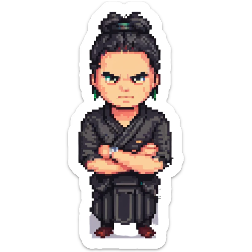 angry man with long black hair tied in a bun, arms crossed, dressed in black, pixel art 32bit style sticker