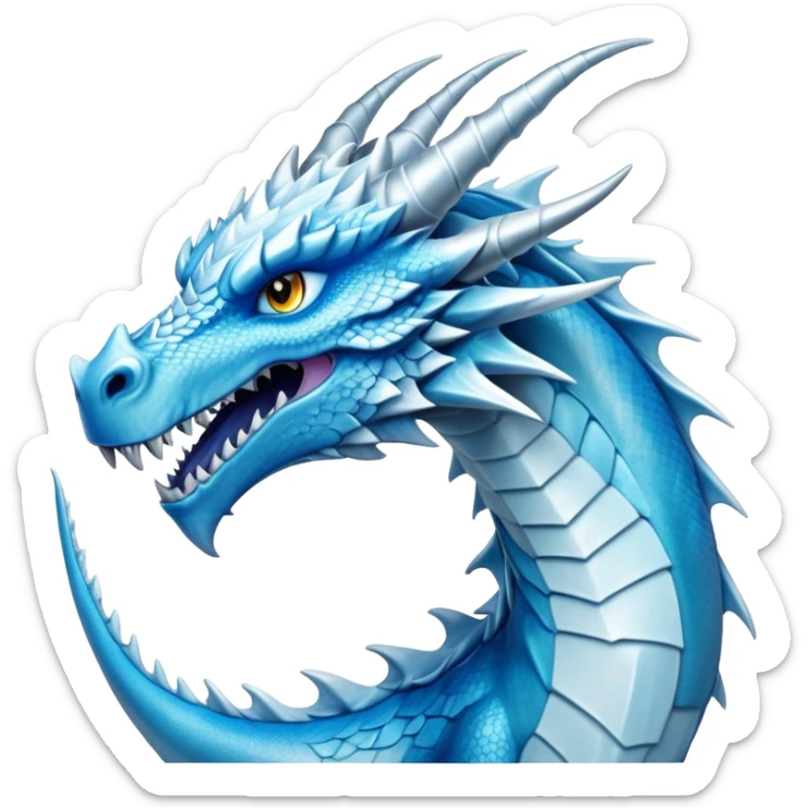 Cinematic Noble Fierce Ice Dragon Portrait Emoji, Poised and imposing, distinct long elegant snout, with a slender, scaled body shimmering in glacial hues of icy blue, frostbitten silver, and crystalline white, breathing out frost, with piercing, glowing eyes that radiate the chilling depths of an arctic storm; rendered in detail. sticker