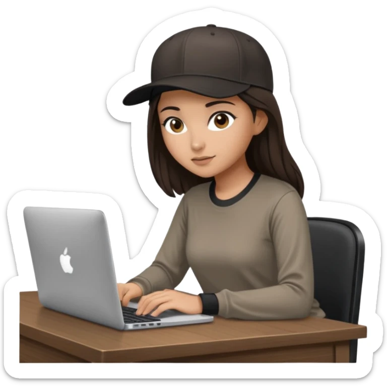 A professional 3D avatar of a young woman with olive skin and long, dark brown hair, wearing a dark, long-sleeved classy taupe shirt and a black baseball cap. She's sitting at a sleek wooden desk, typing and looking at a silver MacBook.  sticker
