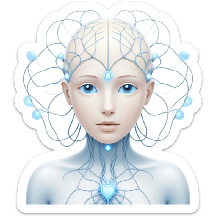 minimalist human figure with luminous cores at head and heart, delicate lines and orbs forming a neural web, soft white-blue light sticker