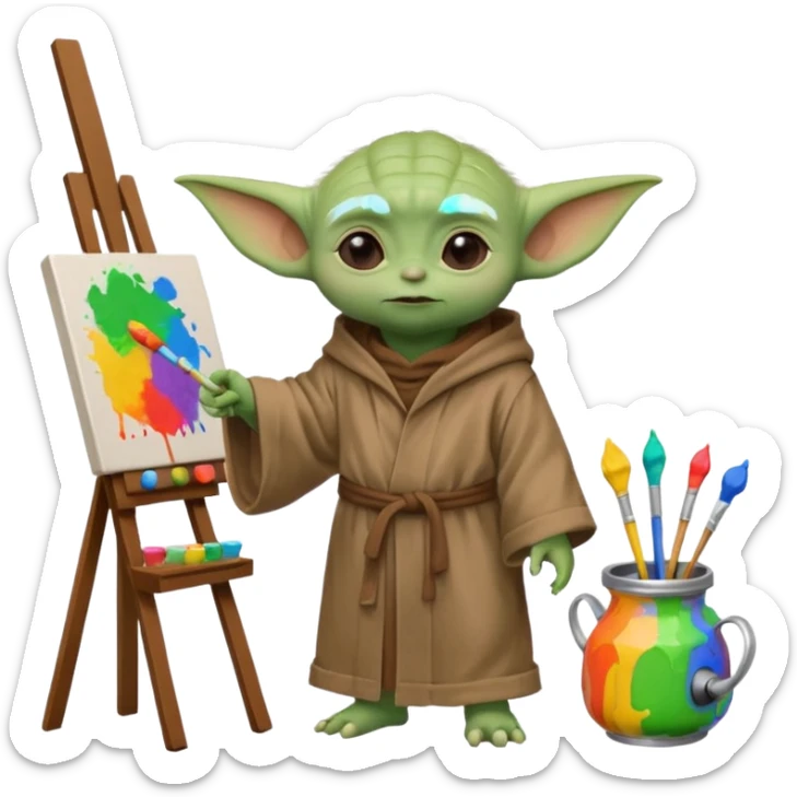 Baby Yoda in his brown robe listening music on his headphones, painting a picture on an easel and surrounded by paint pots. sticker