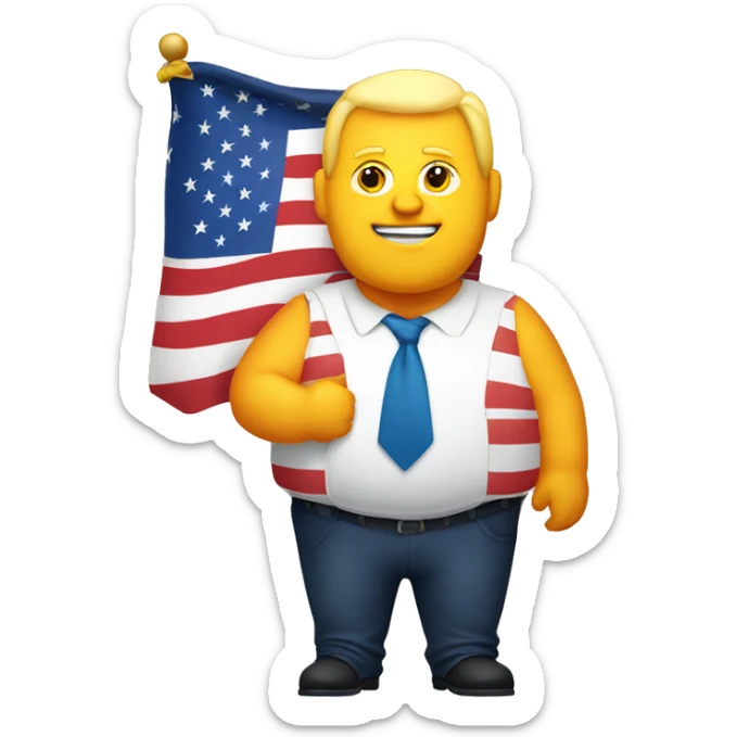 fat white man with an orange face and yellow hair holding the american flag sticker