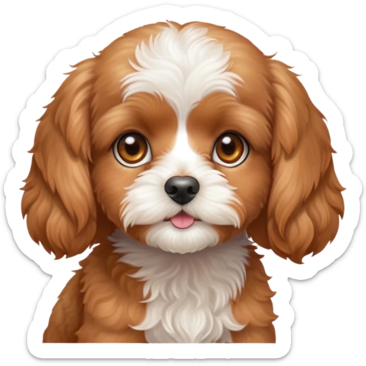 Cinematic Noble Apricot Cavoodle Portrait Emoji, Poised and regal, with a compact, cuddly build and a soft, curly apricot coat accented by gentle white markings, deep-set soulful brown eyes, Simplified yet sharp and sophisticated features, highly detailed, glowing with a soft, dignified glow, high shine, intelligent and affectionate, stylized with an air of elegance, focused and attentive, soft glowing outline, capturing the essence of a watchful and confident companion, so majestic it feels as though it could step out of the screen with effortless authority! sticker