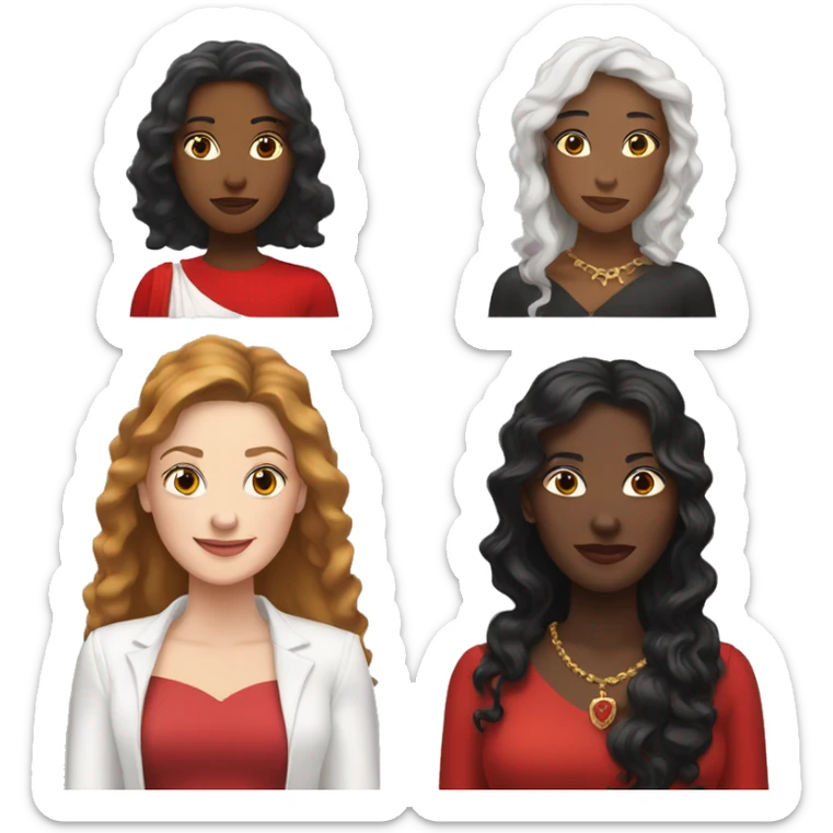 White woman with long brown hair and black woman with long black hair wearing red and crowns sticker