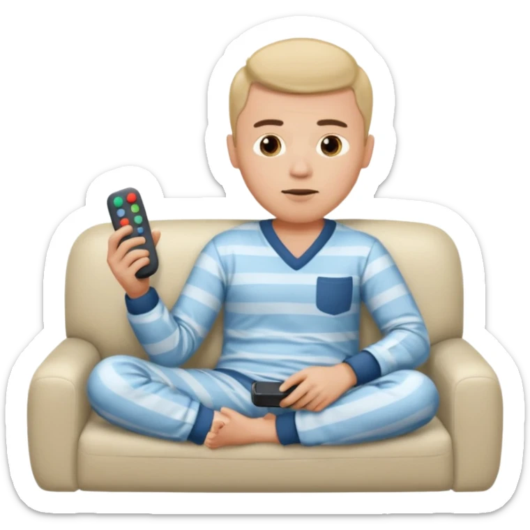 male memoji, lazy man in pajamas, lying on couch, holding TV remote, relaxed bored face, casual home vibe sticker