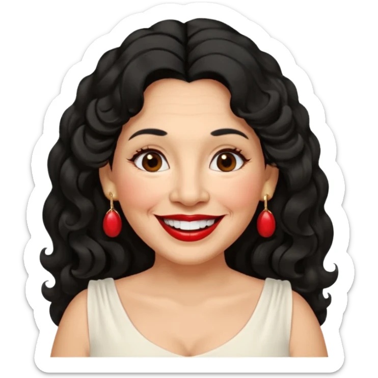 60 yr old peruvian woman, slightly chubby, wavy/curly long black hair, red lipstick, big smile, white teeth, brown eyes, hoop earings, side part to hair, round face, pretty white dress sticker