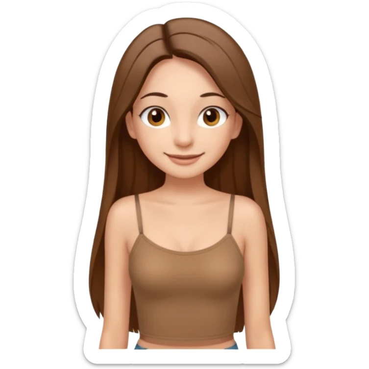 Waist-up girl standing straight on white background. Wearing a brown Skims spaghetti strap top. Very long straight brown hair with a middle part. Brown eyes with long lashes. Smiling with braces. sticker