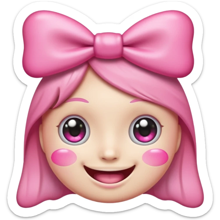 surreal and kawaii emoji face with huge sparkling cartoon eyes, a wide realistic human smile with perfect teeth, pink cheeks, and a big pink bow on its head. The background is transparent. Above the head, the text "kawowiwo-wiwi" is written in a playful, handwritten font sticker