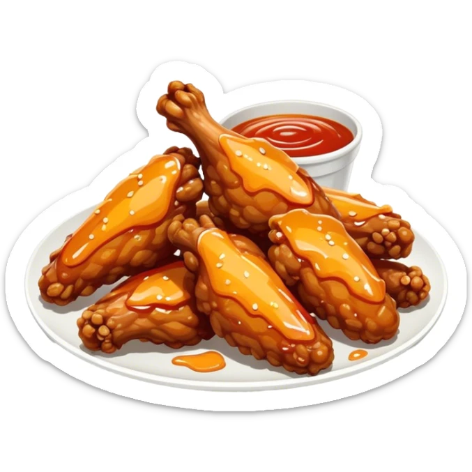 Cinematic crispy chicken wings, golden-brown and glazed with spicy sauce, crunchy coating, juicy inside, piled high with dipping sauce on the side, ultra-realistic and mouthwatering, inviting and bold. sticker