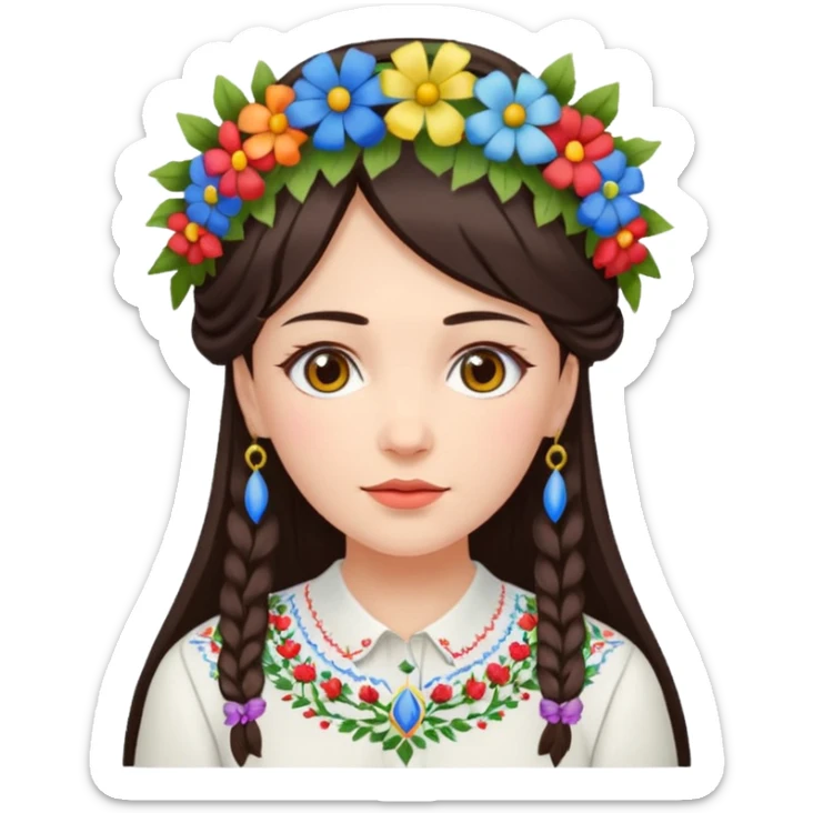 Ukrainian woman in a white embroidered shirt with dark hair in a wreath of flowers with multicoloured ribbons on her head sticker
