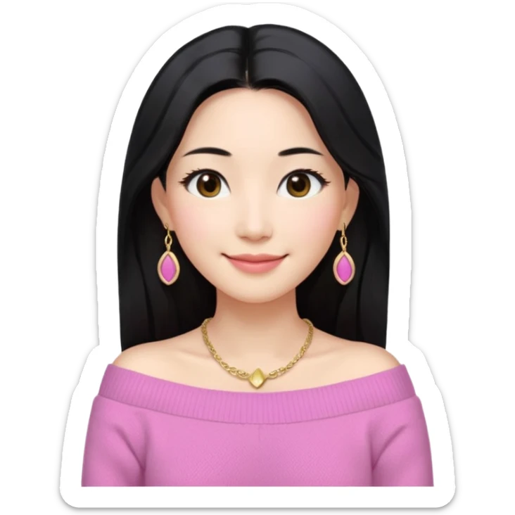 South Korean girl in her mid-thirties with long black hair and a middle part. She is wearing a pink colored, off the shoulder long sleeve knit sweater. She has small gold earrings and a gold necklace. She has brown eyes with narrow, mono lid shape and smiling with lips together sticker