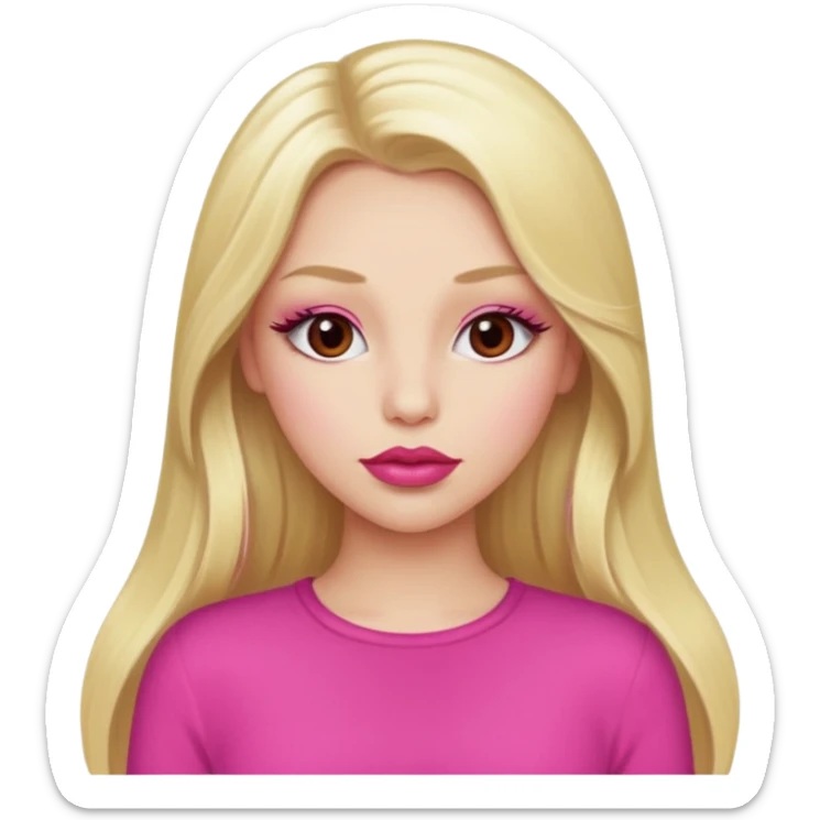 a girl with long eyelashes a pink outfit, long blonde hair, and big lips with red lipstick sticker