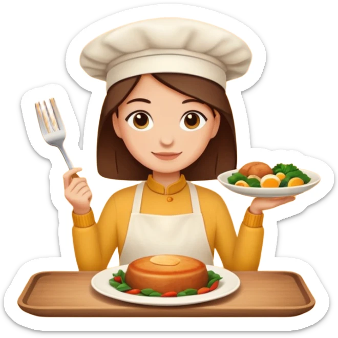 Home cooking avatar in clean emoji-style illustration. Homemade dishes on a plate, warm cozy colors, simple shapes, flat design, high contrast, friendly and inviting. sticker