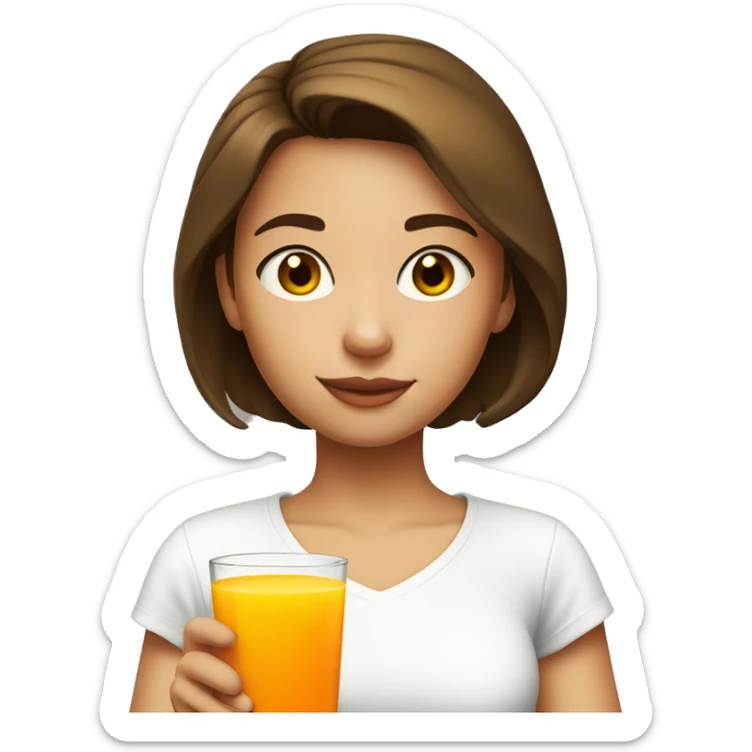 A girl with short brown hair wearing a white t-shirt, drinking orange juice and a glass sticker